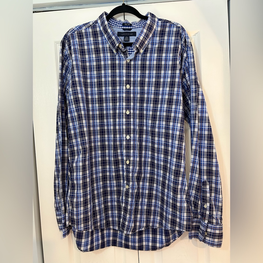 Tommy Hilfiger Men’s Slim Fit Plaid Button Down Shirt Blue Size XL